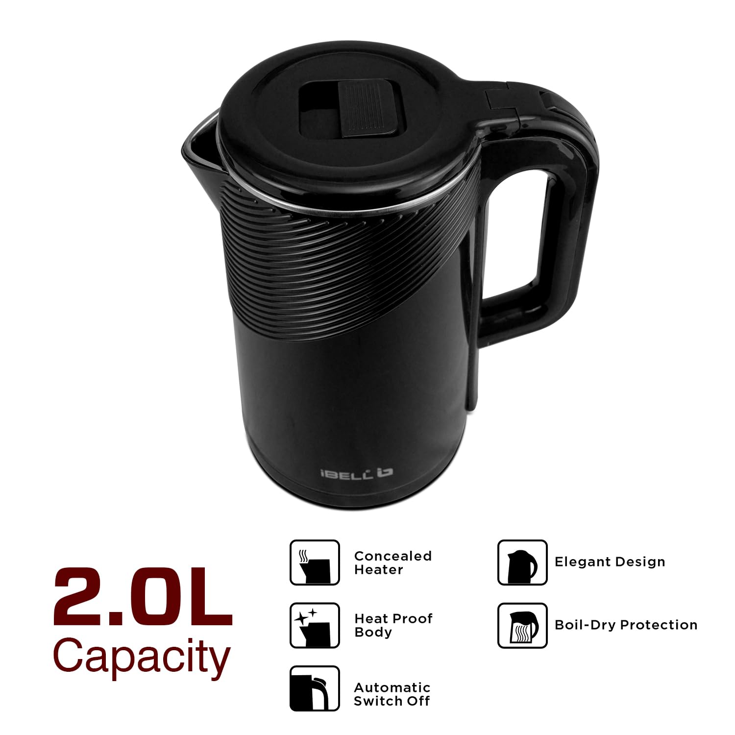iBELL Pek20Bkplus Premium Stainless Steel Electric Kettle 2.0 Litre Auto Cut-Off Feature